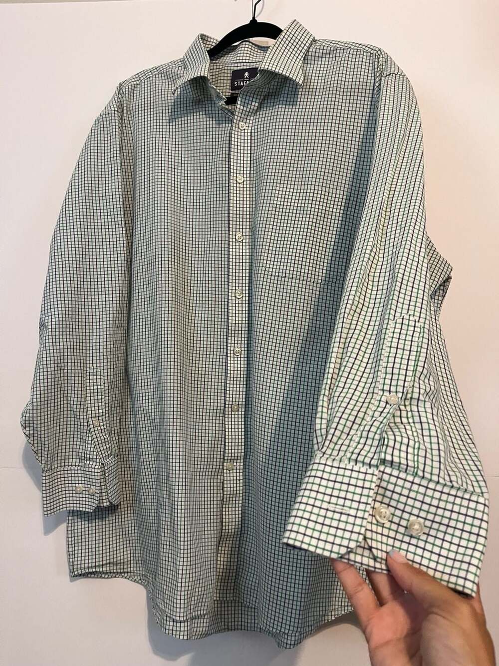 Stafford Easy Care Broadcloth Green Navy Check Dress Shirt Size 18 34-35